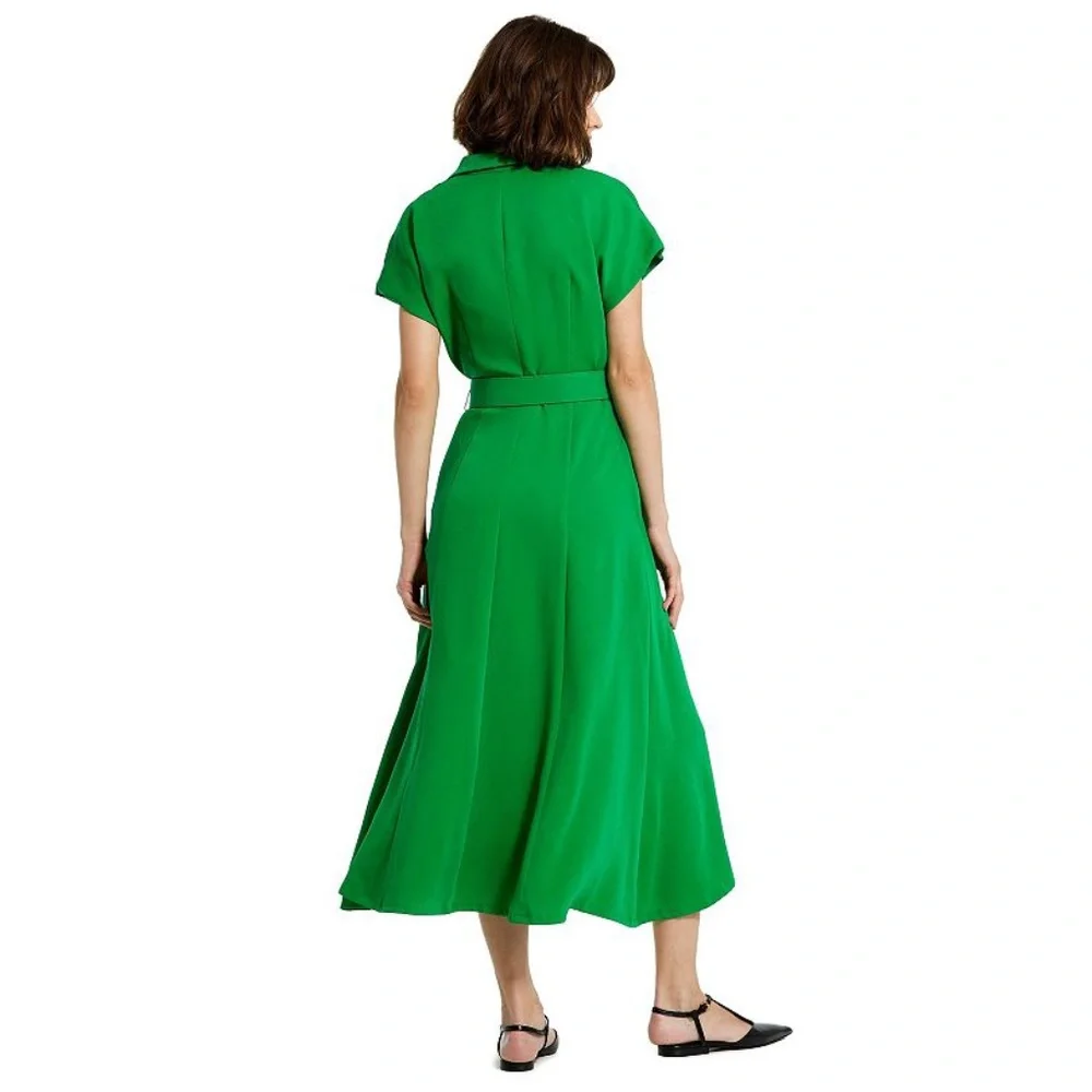 NWT Mac Duggal Crepe Collar Short Sleeve Green Midi Dress - NO BELT - Picture 2 of 11